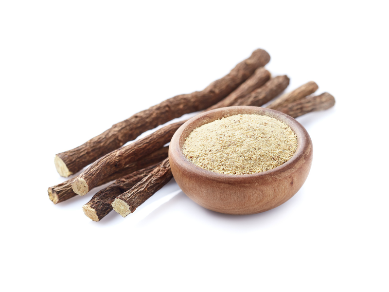 Life Extension Europe, Liquorice root next to small bowl of liquorice extract  on white background